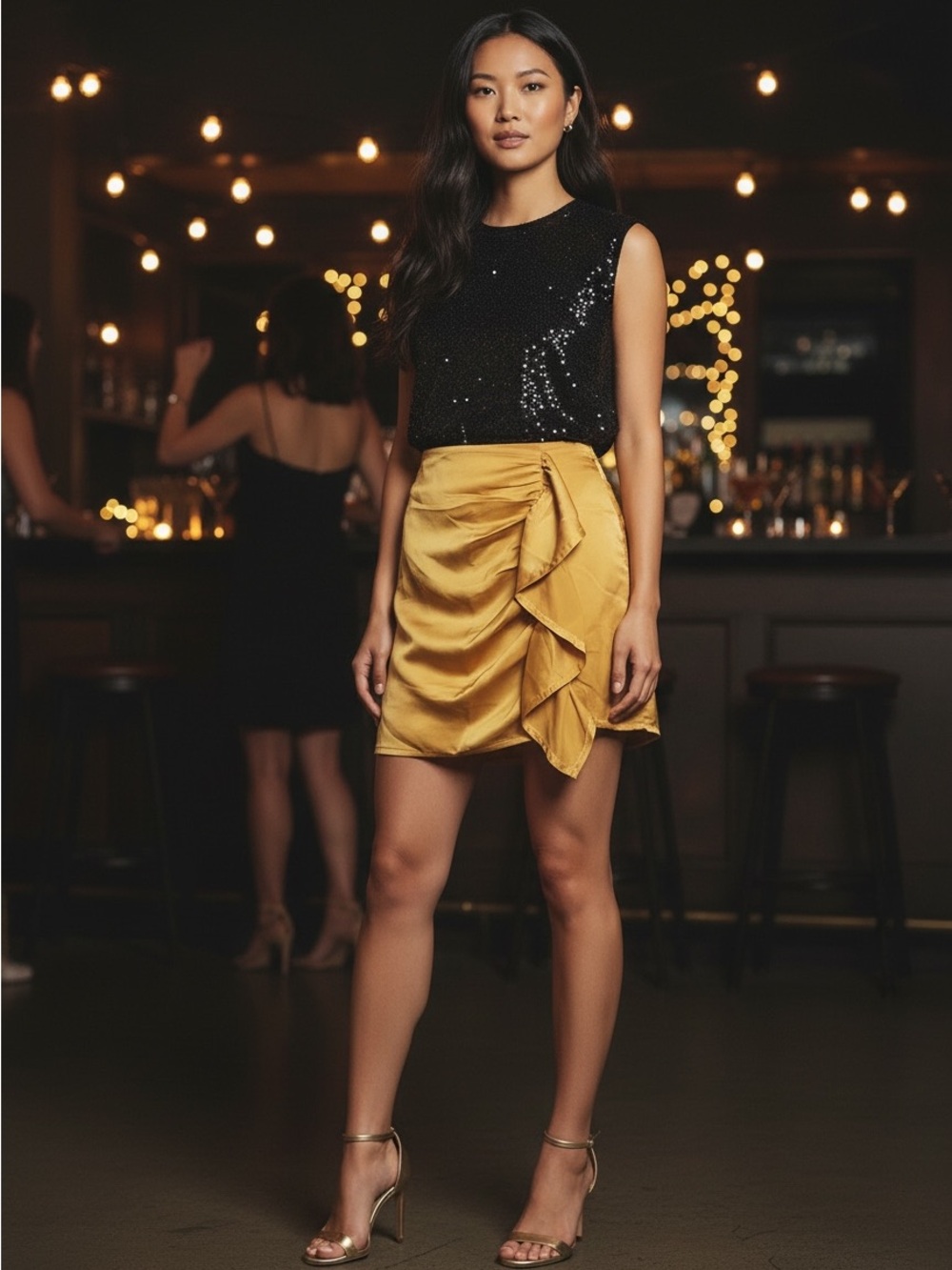 emory park Gold Satin Ruffle Mini Skirt